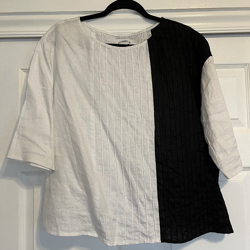 Peck & Peck Cotton Pleated Black And White Cotton Shirt Tunic Womens Top